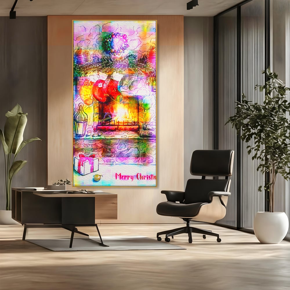 Tablou canvas cu tablou canvas cu peisaj festiv de craciun, in rama de aluminiu auriu, pe perete intr-un birou